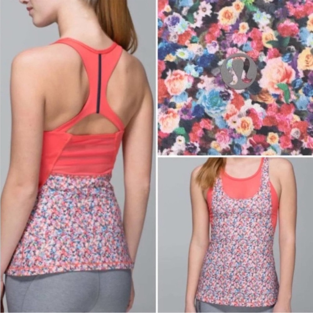 Lululemon Mesh With Me Coral Print Workout Tank Top Floral Luxtreme Size 10